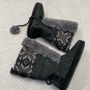 Muk Luks Sequin, Faux Fur, Knit Slipper Boots with Pom Pom Ties